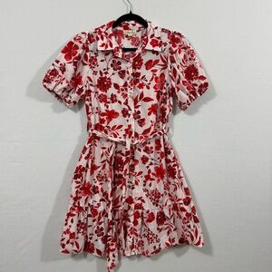 Indigo Rose Red and White Floral Puff Sleeve Belted Dress Size Medium
